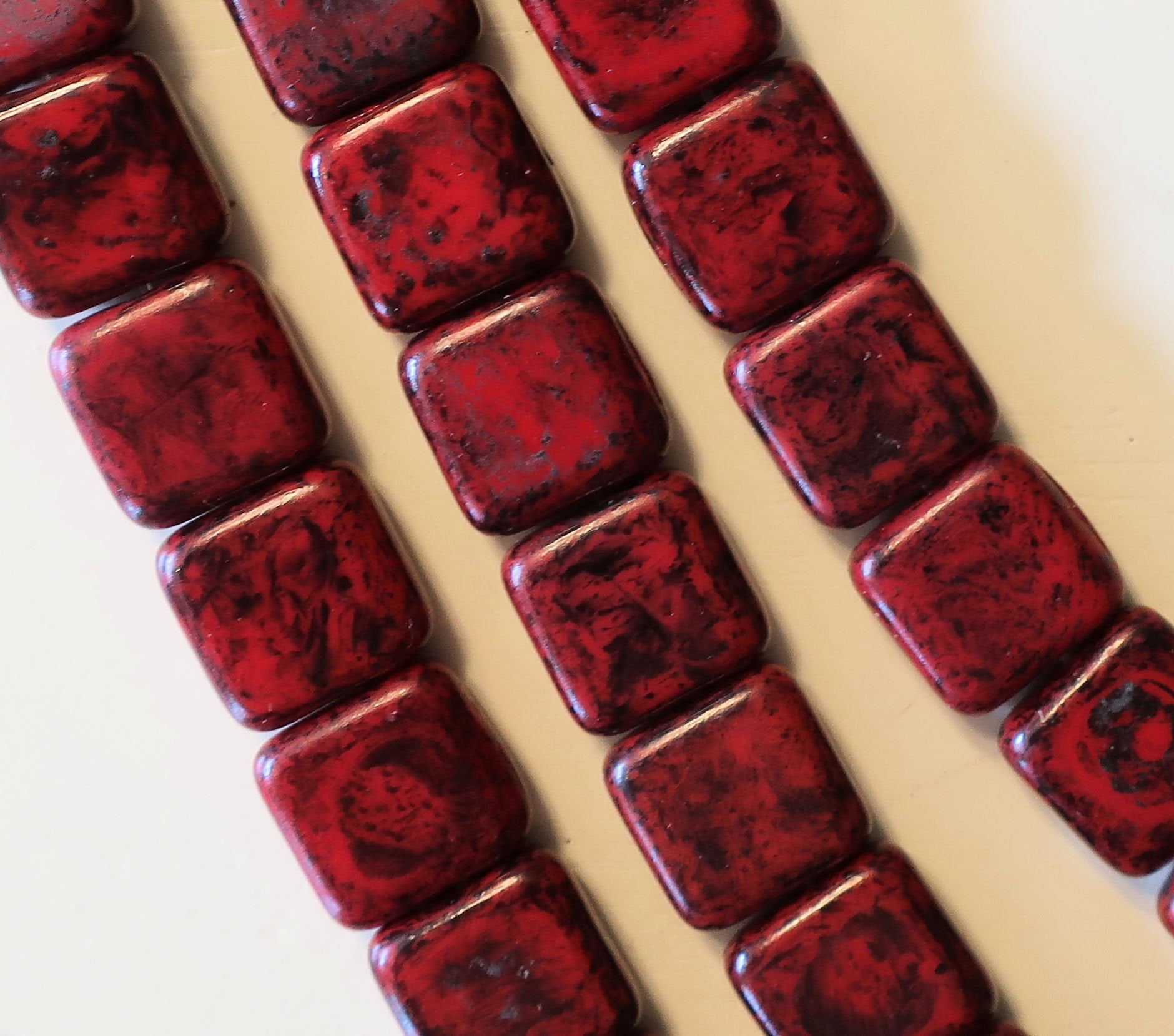 Lot of 25 9mm one hole flat square Czech glass beads - opaque red with a full coat black picasso finish - earthy rustic beads C5801 - Glorious Glass Beads