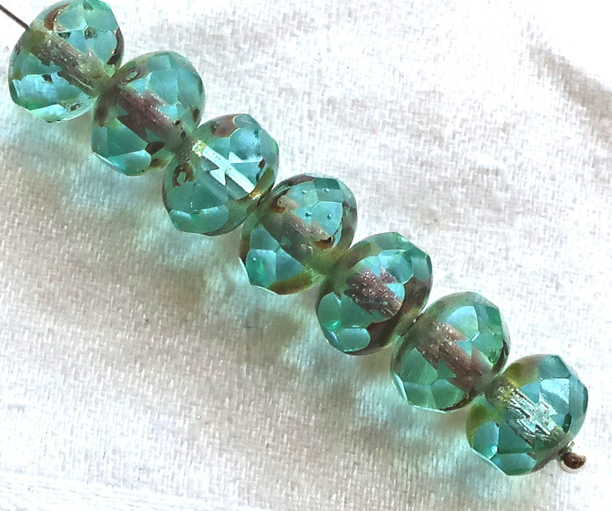 25 faceted Czech glass puffy rondelle beads, 8 x 6mm transparent aqua blue green picasso rondelles on sale 00201 - Glorious Glass Beads