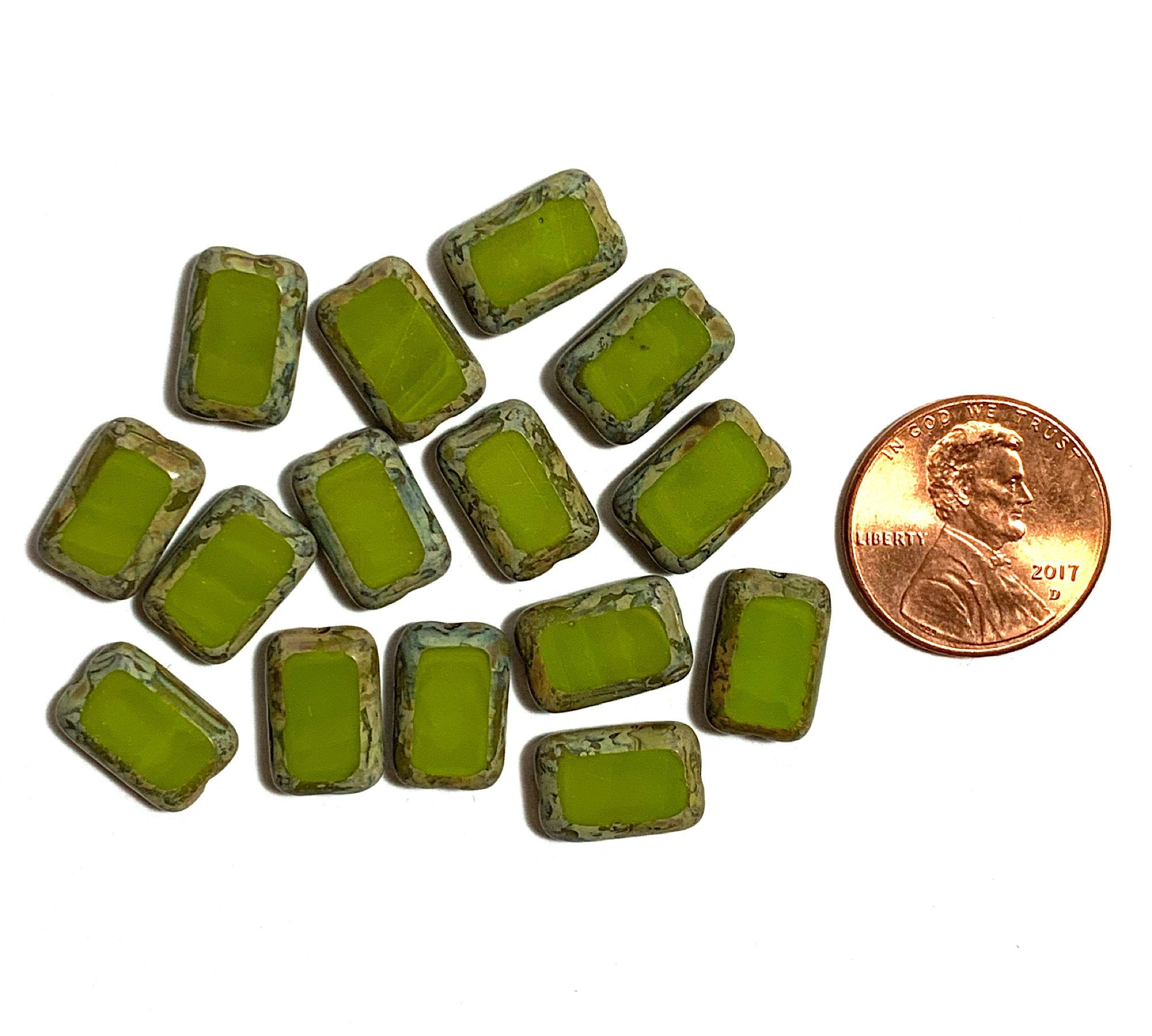Ten Czech glass rectangle beads - 8 x 12mm opaque avocado green rustic earthy table cut beads with Picasso finish along the edges - C0009