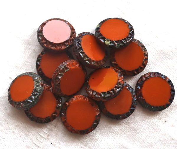 6 Czech glass coin beads, 12mm disc beads, table-cut carved Aztec, Mayan sun rustic, earthy opaque pumpkin orange, sienna picasso 05101