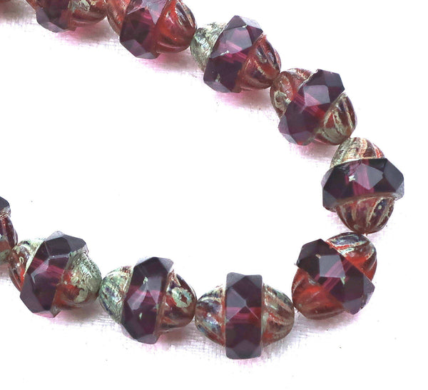 Six purple Czech glass turbine beads, 11 x 10mm transparent amethyst picasso beads 80101 - Glorious Glass Beads