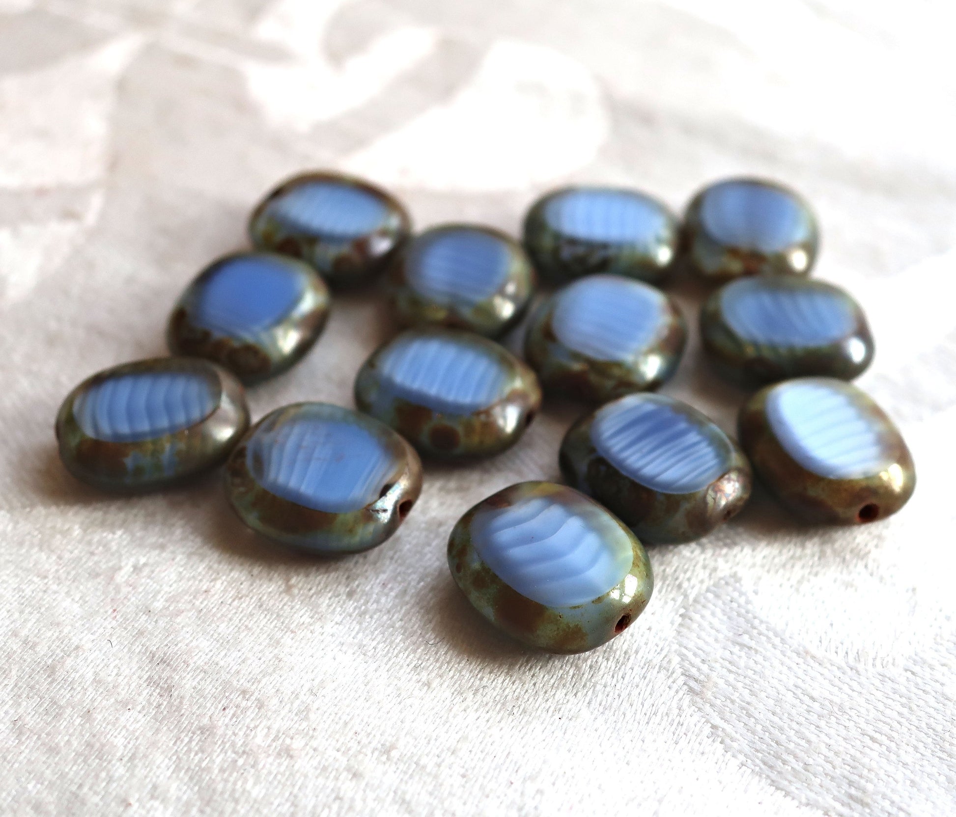 five lage oval Czech glass beads, 14 x 12mm opaque mabled blue & white glass, flat tablecut window beads with a picasso finish C00101 - Glorious Glass Beads