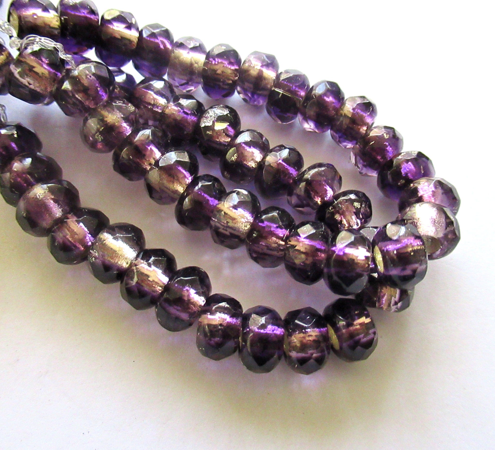 Ten Czech glass roller beads - 6 x 9mm tanzanite purple silver lined, faceted roller, rondelle, big 3.5mm hole beads C00621
