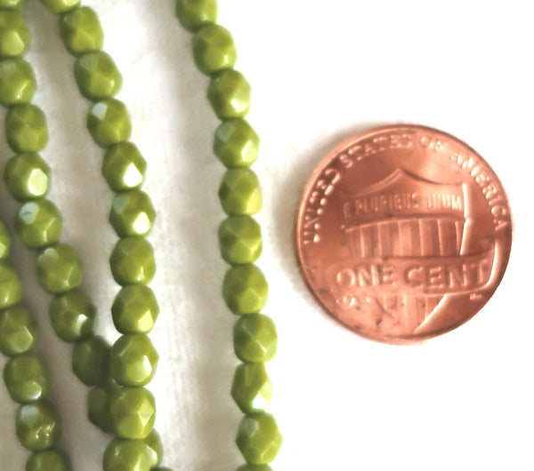 Lot of 50 4mm Opaque Olive, Olivine Green Czech glass beads, firepolished, faceted round beads, C0076