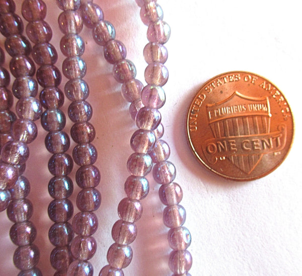 Lot of 100 4mm luster iris amethyst Czech glass druk beads, smooth round druks, C0084