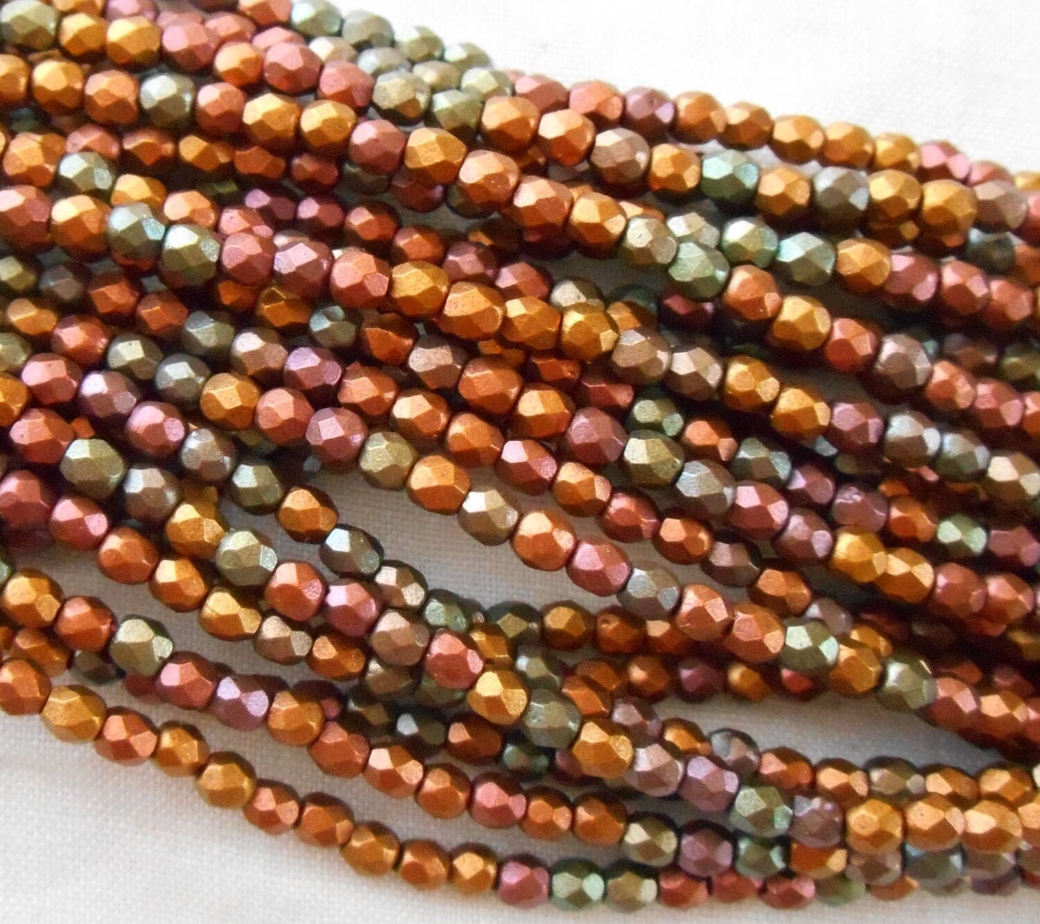 50 3mm Matte Metallic Bronze Iris Czech glass beads, fire polished, faceted round beads in gold tones, C1550