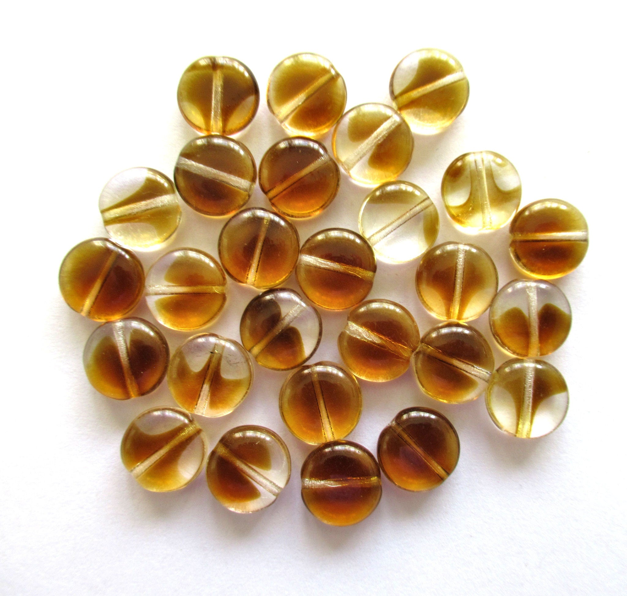 20 Czech glass coin beads - 10mm topaz brown & crystal mix disc beads C00011