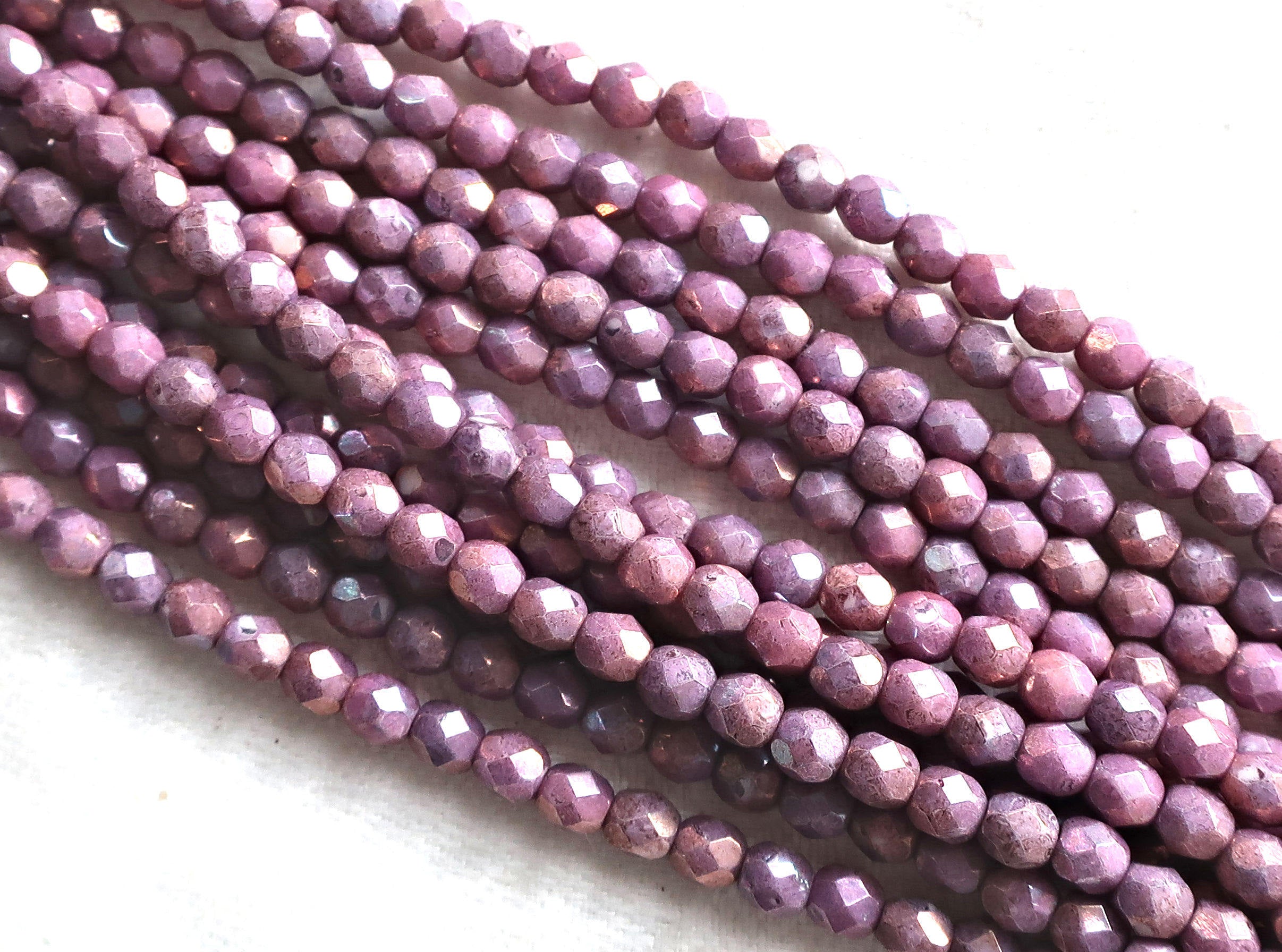 Lot of 50 4mm Opaque Amethyst Luster Czech glass beads, Faceted, firepolished purple luster smooth round beads, C9601 - Glorious Glass Beads