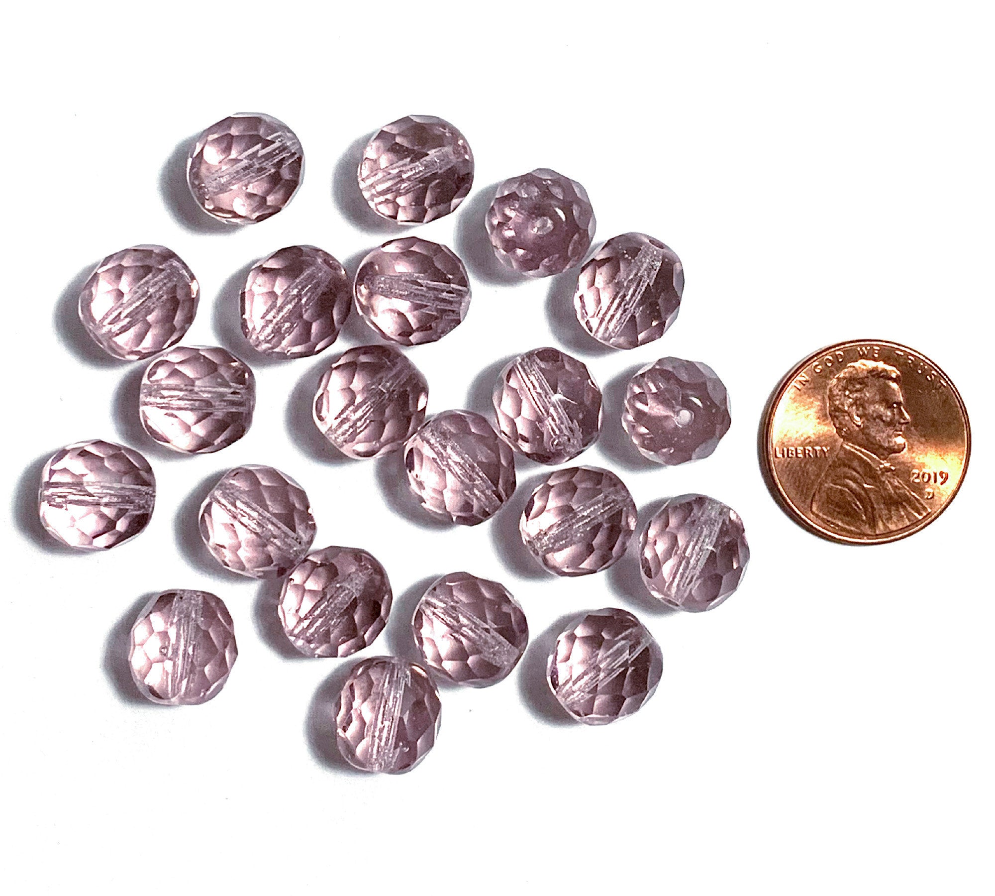 Twenty Czech glass fire polished faceted round beads - 10mm light purple amethyst beads C0068