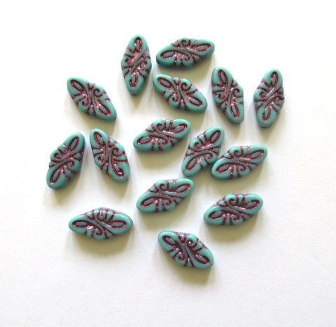 8 Czech glass arabesque beads - 9 x 19mm turquoise green diamond shaped engraved beads with a purple wash - C0049