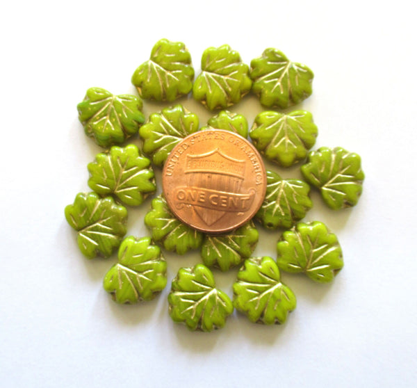 15 Czech glass maple leaf beads - opaque bright green leaves with gold accents - center drilled 13 x 11mm leaves C00121