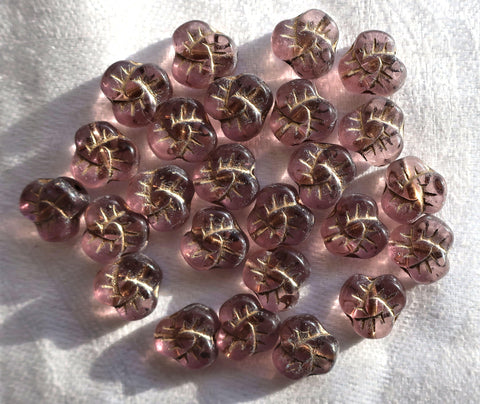 Lot of 25 9mm Czech Amethyst Pansy beads, flat, transparent purple flower beads with gold accents C5601 - Glorious Glass Beads