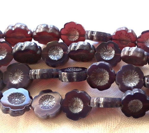 Six 14mm table cut, carved, Czech glass flower beads, translucent amethyst, purple opal with a silver picasso finish, Hawaiian Flowers C8901 - Glorious Glass Beads