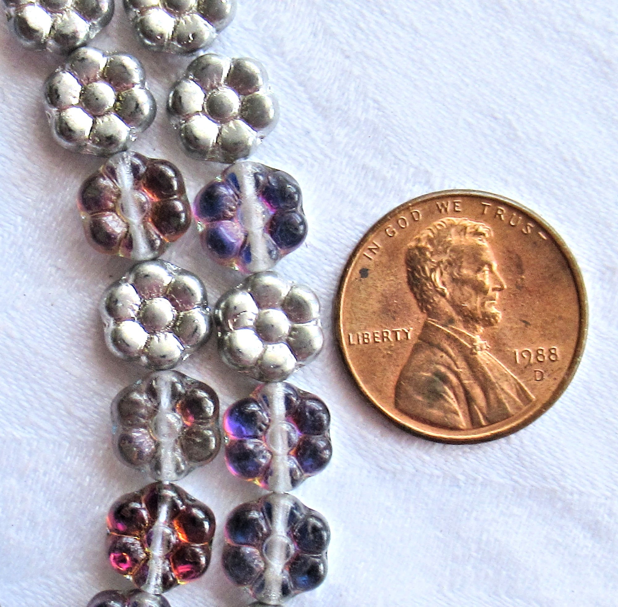 Lot of 25 8mm Amethyst / Silver Czech glass flower beads - purple & silver pressed glass flower beads - C5301 - Glorious Glass Beads