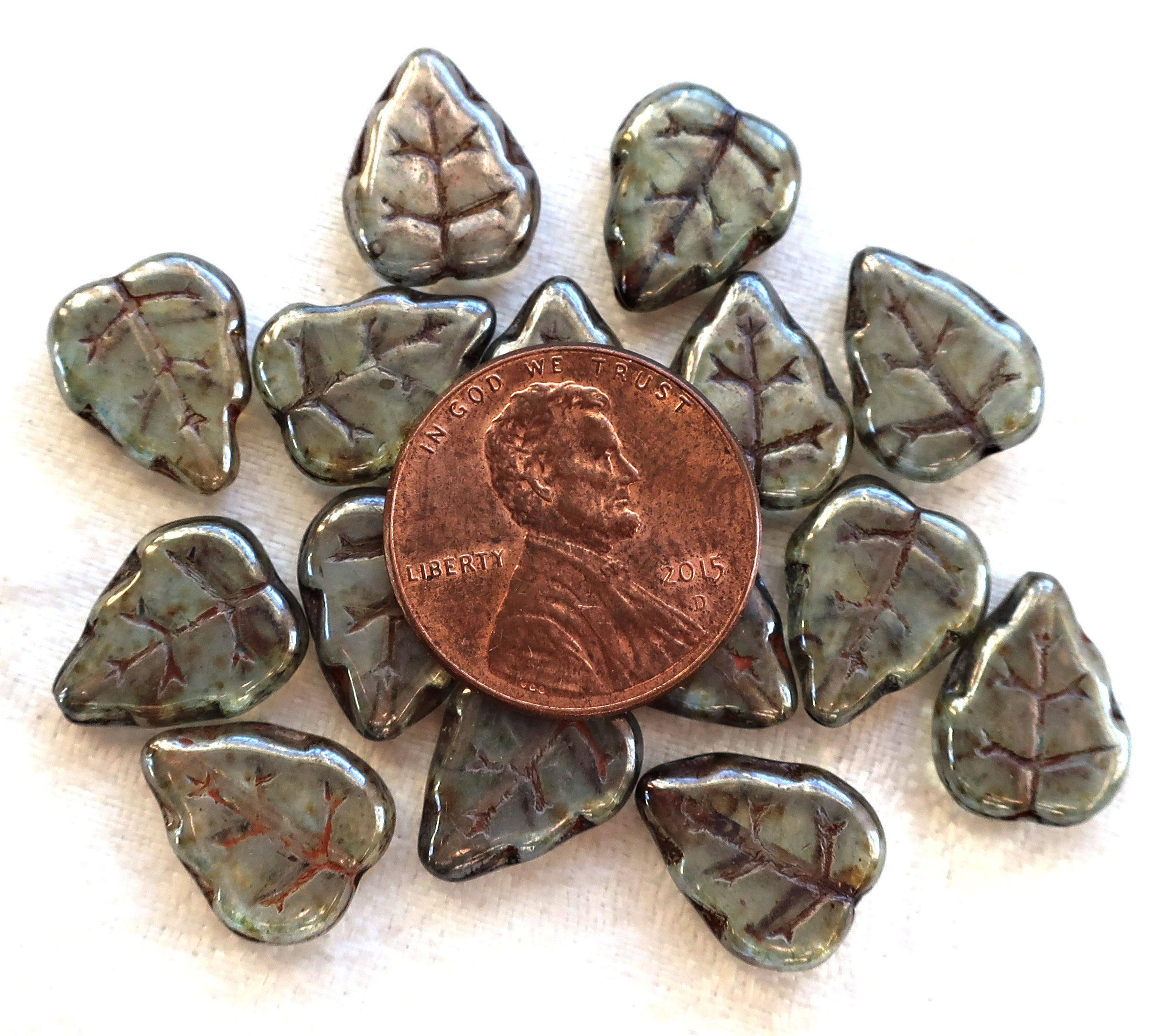 Lot of 25 12 x 10mm Czech Lumi Green center drilled, earthy, rustic Birch leaf beads, Czech glass beads C63125