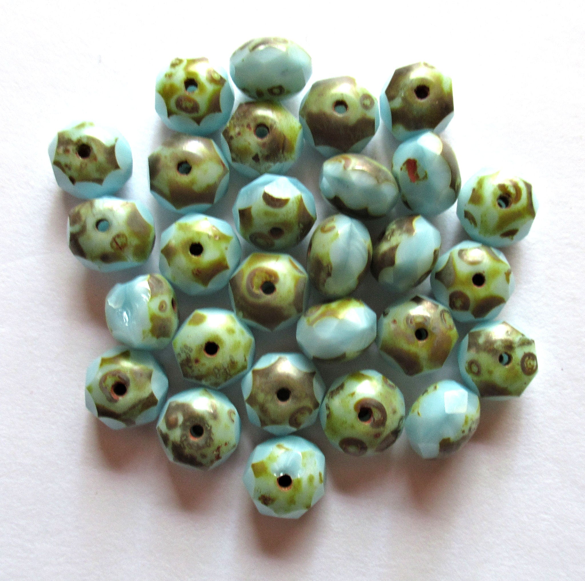 25 Czech glass faceted puffy rondelle beads - 6 x 8mm sky blue picasso rondelles C0551