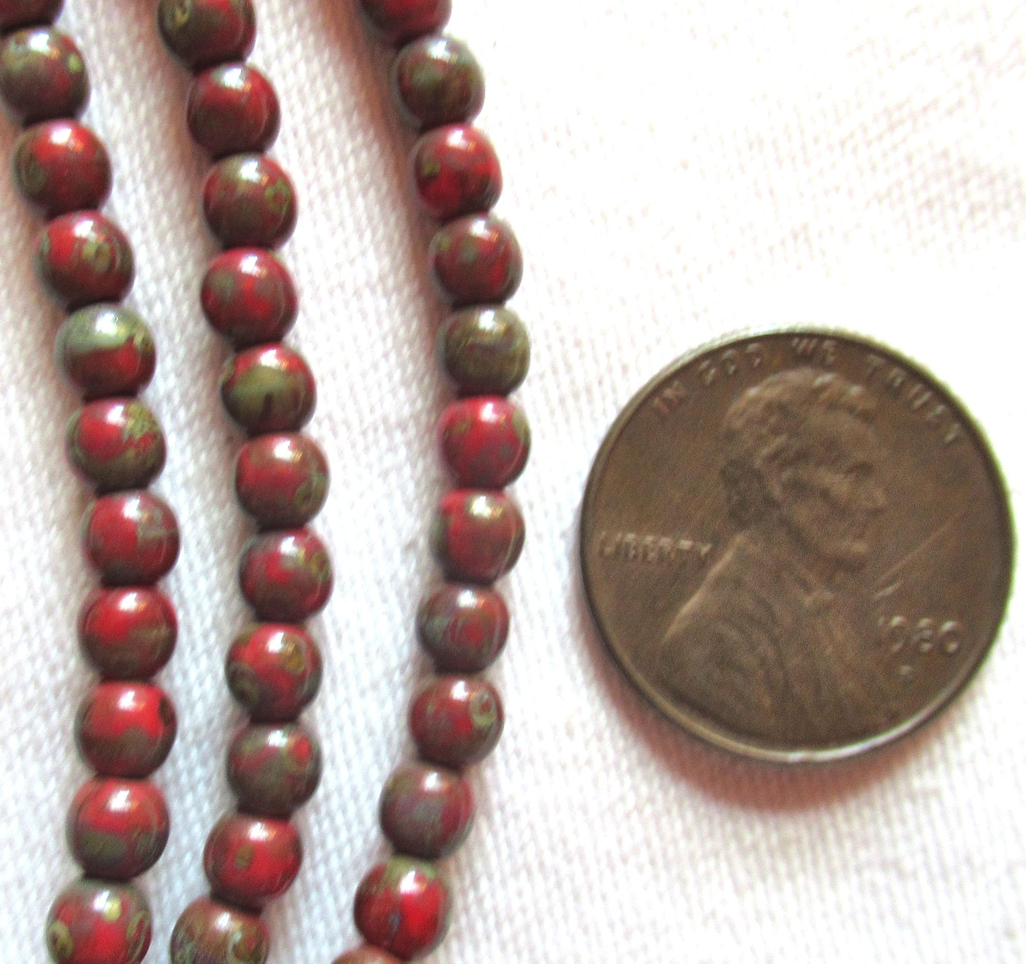 50 4mm Czech glass red picasso druk beads - earth tones - opaque red beads with a full picasso coat - earthy rustic smooth round druks