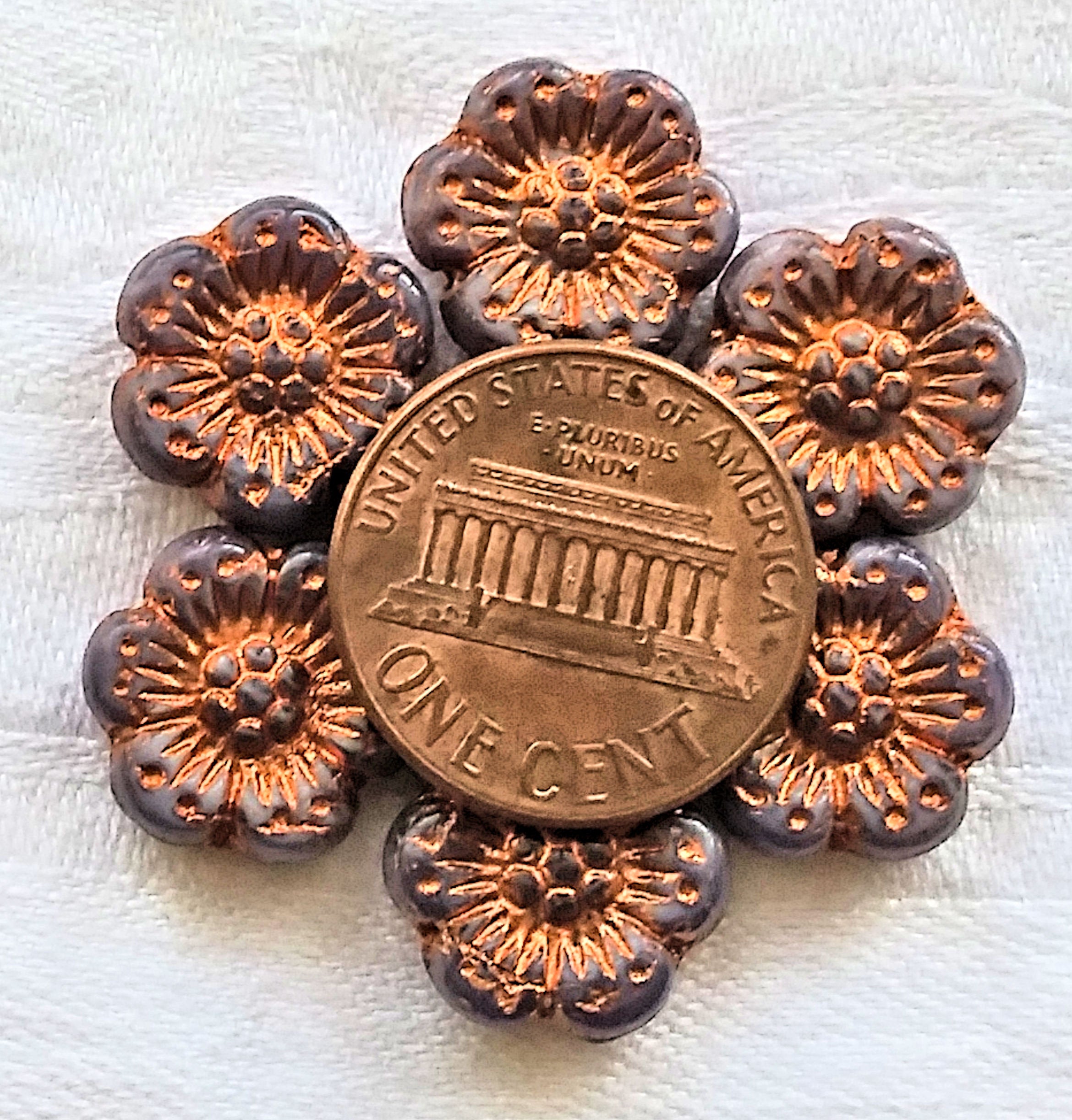 Twelve Czech glass wild rose flower beads - 14mm opaque purple, amethyst floral beads with a copper wash C07105 - Glorious Glass Beads