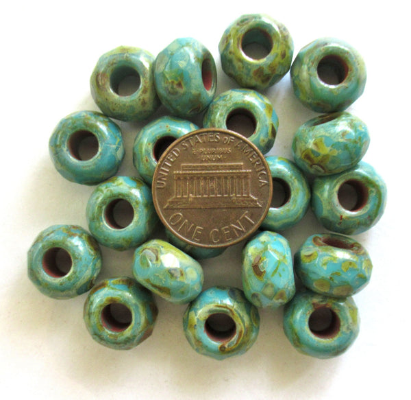 Five 12mm x 8mm Czech glass large faceted round roller, rondelle beads - opaque turquoise blue green picasso - big 5mm hole bead C00081