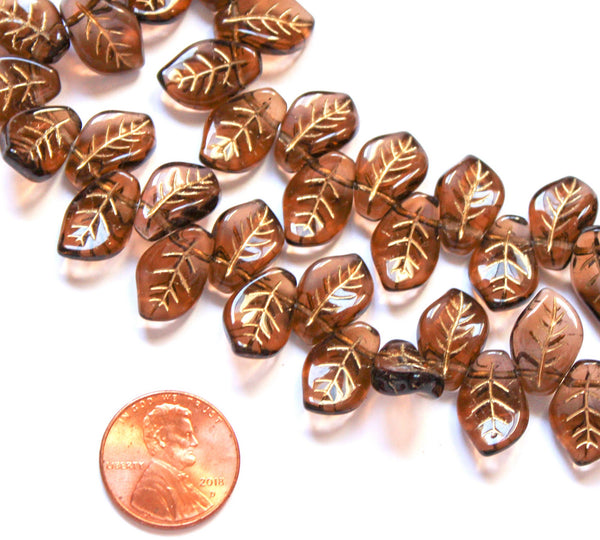 25 Czech glass side drilled eucalyptus leaf beads - 12 x 9mm smoky topaz brown leaves with gold inlay - textured pressed glass beads - C0077