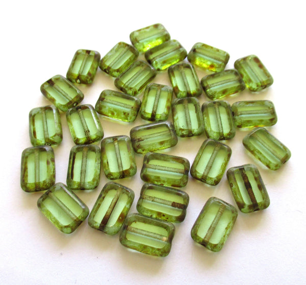 Lot of ten rectangular, table cut Czech glass beads - light peridot green picasso rectangle beads - 12mm x 8mm - C0068