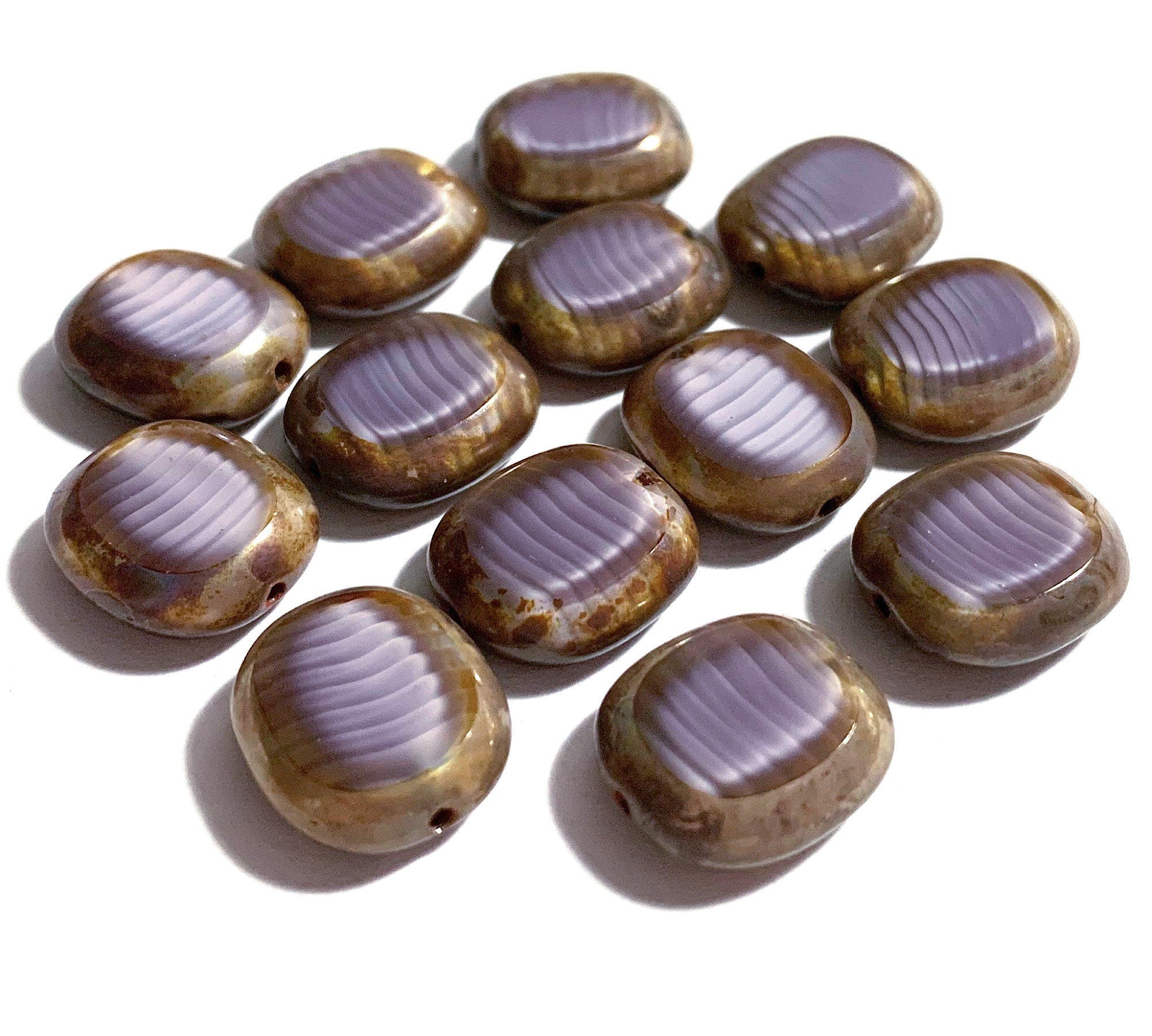 Six large silky oval Czech glass beads, 14 x 12mm amethyst purple marbled glass, flat table cut window beads with a picasso finish C0231