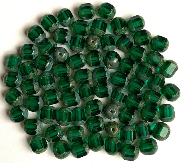 15 Czech glass faceted cathedral or barrel beads six sides - 8mm fire polished teal blue green beads with a picasso finish on the ends C0025