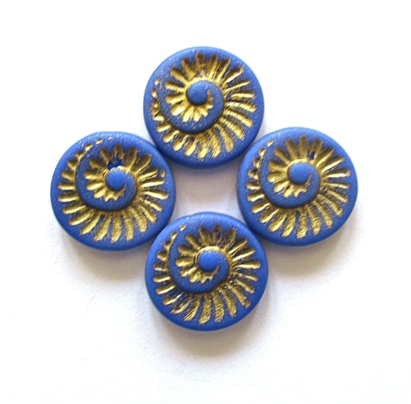 Four large Czech glass snail fossil beads - 18mm opaque matte royal blue with a gold wash - coin / disc / focal beads C0077