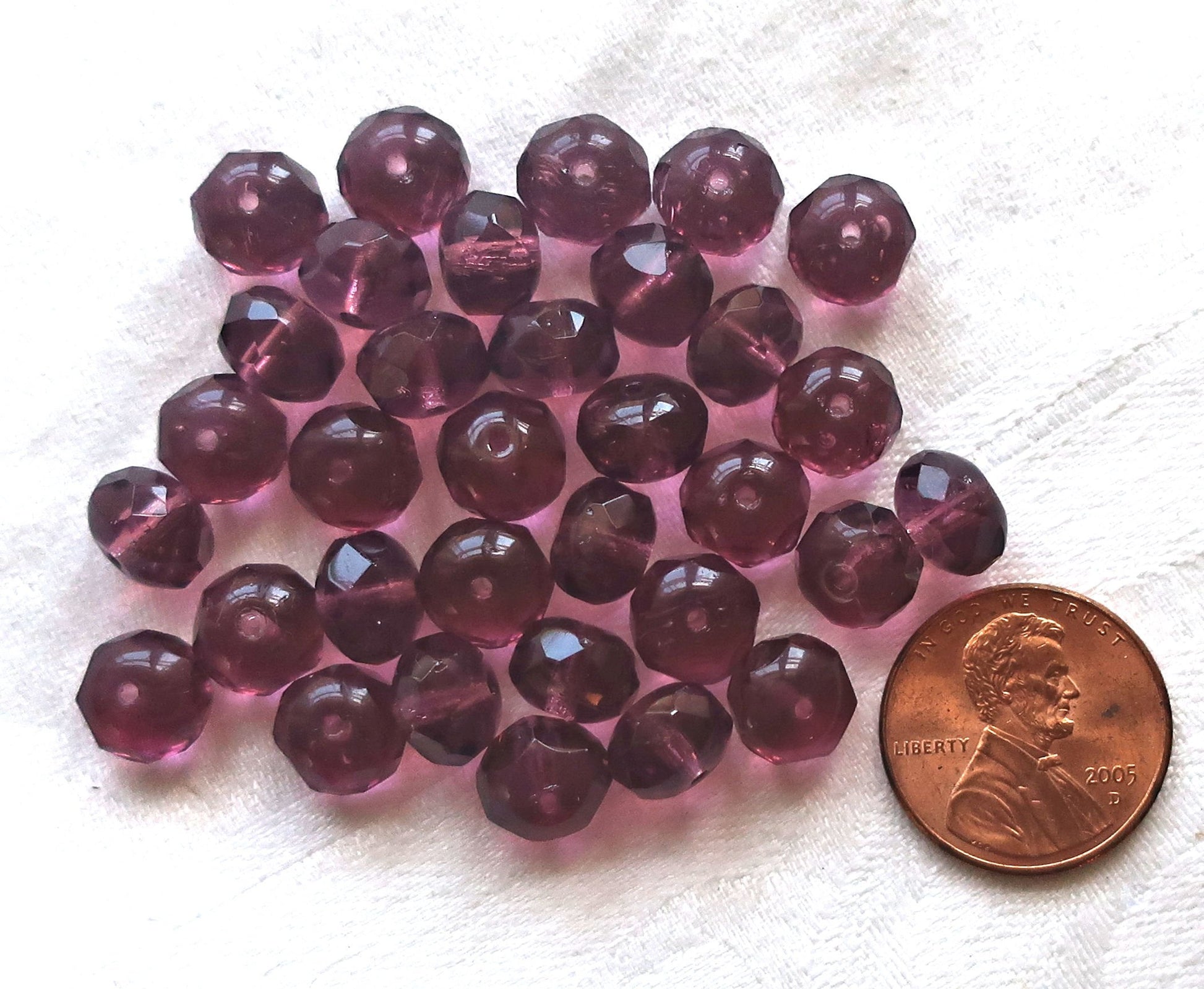25 Czech glass faceted puffy rondelles, 6 x 8mm transparent amethyst or purple, rondelle beads on sale 3801 - Glorious Glass Beads