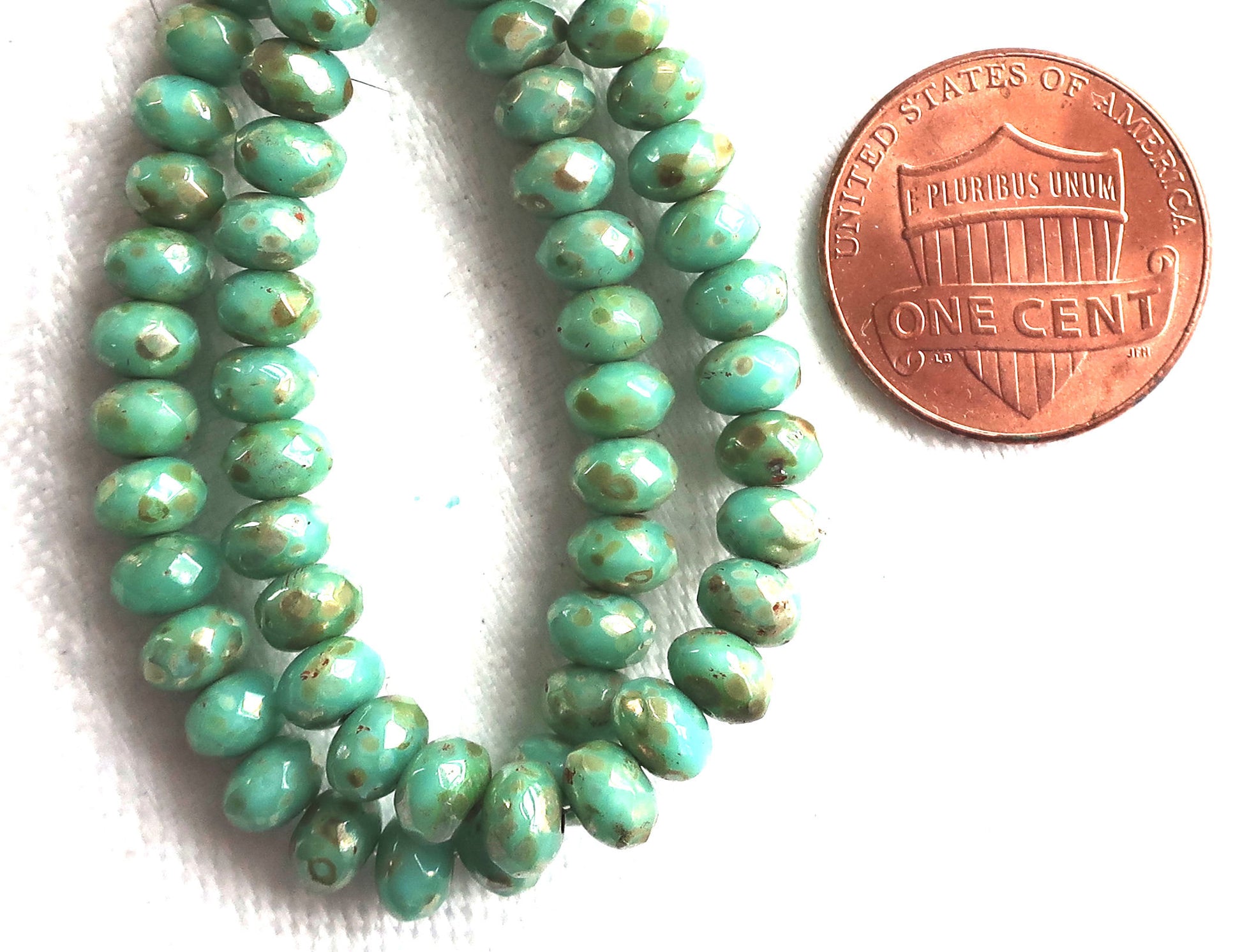30 small turquoise blue green puffy rondelle beads with a metallic picasso finish, 3mm x 5mm faceted Czech glass rondelles 53101 - Glorious Glass Beads