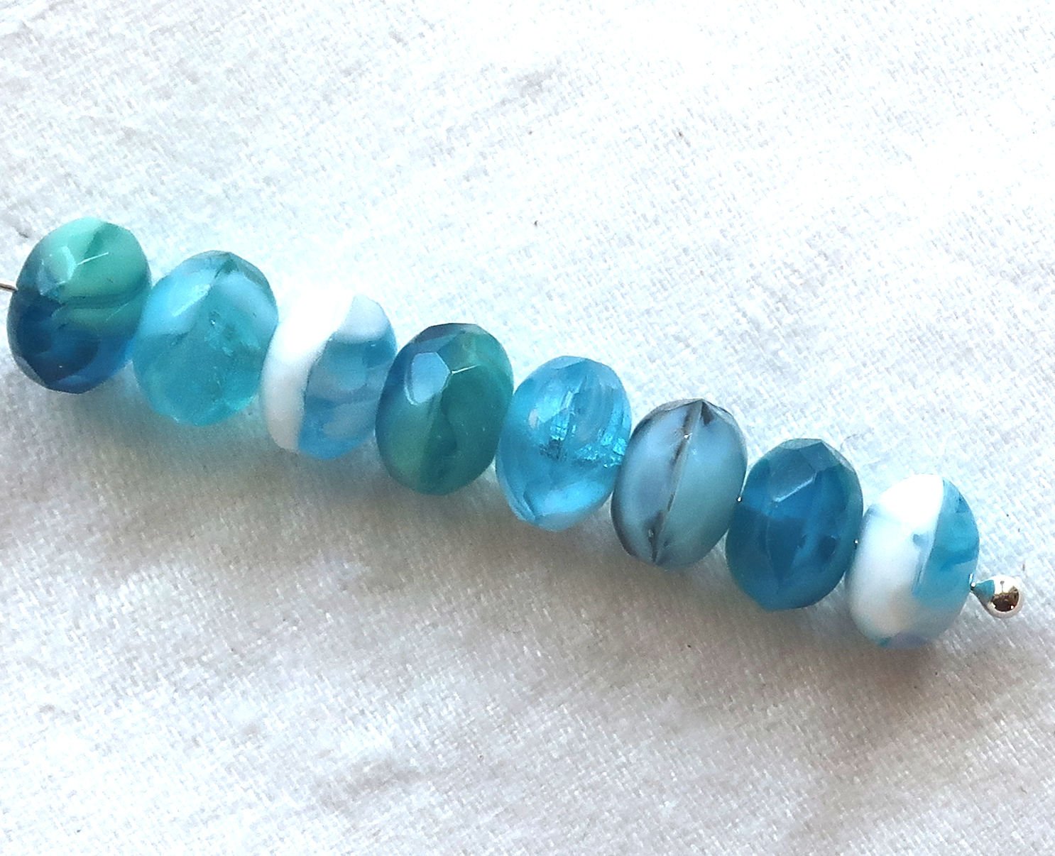 25 Czech glass puffy rondelles, 6 x 8mm transparent & opaque aqua blue and white color mix, faceted puffy rondelle beads, sale price 03101 - Glorious Glass Beads