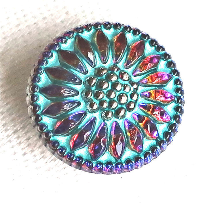 One 18mm Czech glass button, iridescent pink & yellow sunflower with a turquoise wash, floral decorative shank button 52201 - Glorious Glass Beads