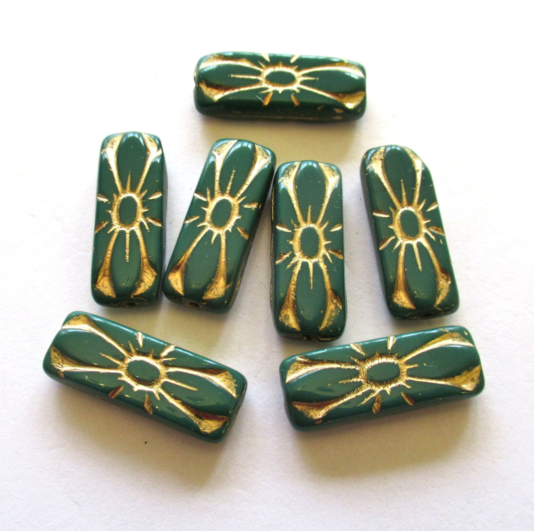 Five 20 x 8mm opaque green and gold rectangular flower tube beads - Czech glass rectangle bead C0082
