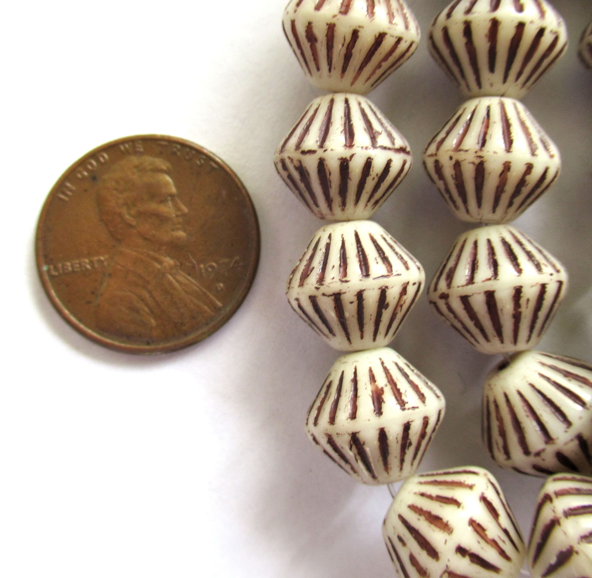 Five Czech glass bicones - 11mm x 10mm - opaque off white with brown accents carved, chunky, rustic bicone beads C0036
