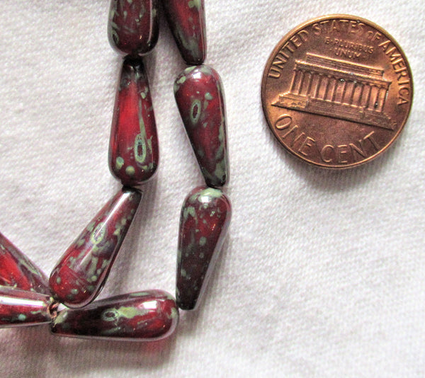Lot of ten Czech glass teardrop beads - opaque red with a picasso finish - 6 x 15mm rustic, earthy elongated tear drops 14106