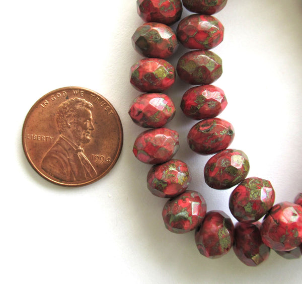 25 Czech glass faceted puffy rondelle beads - 6 x 9mm opaque red beads with a full picasso coat - earthy rustic beads 00523