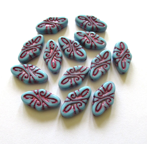 8 Czech glass arabesque beads - 9 x 19mm turquoise blue diamond shaped engraved beads with a purple wash - C0049