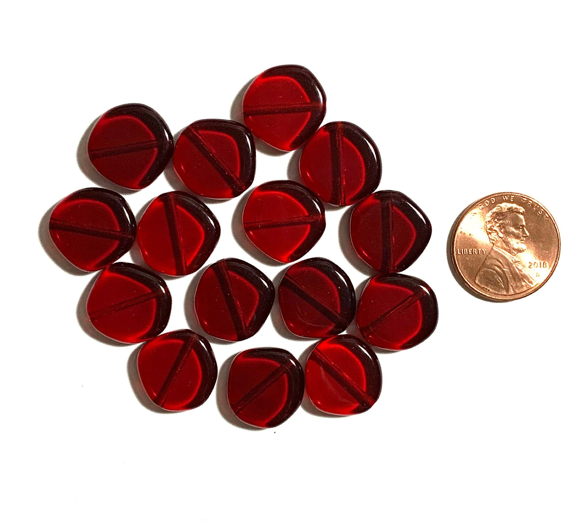 Ten 15mm Czech glass asymmetrical coin or disc beads - light garnet red beads - C0073