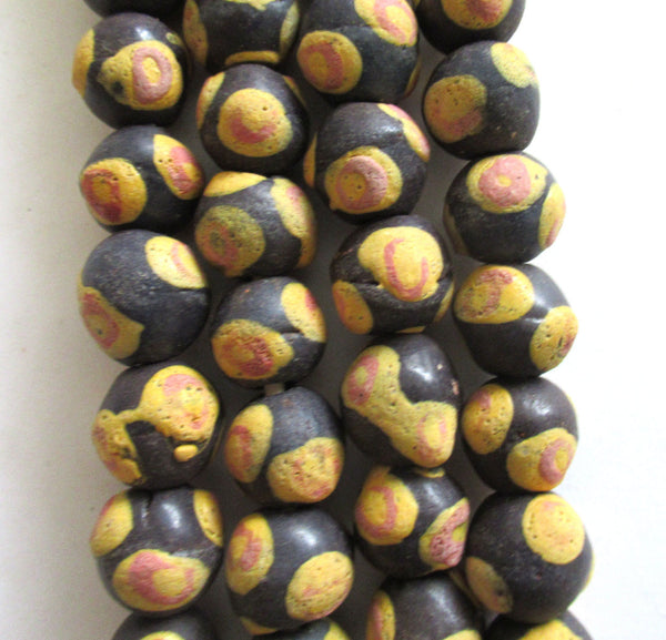 8 African Ghana Krobo round recycled glass beads - brown beads w/ orange spots - 11 - 14mm sand cast - big hole rustic beads - C00211