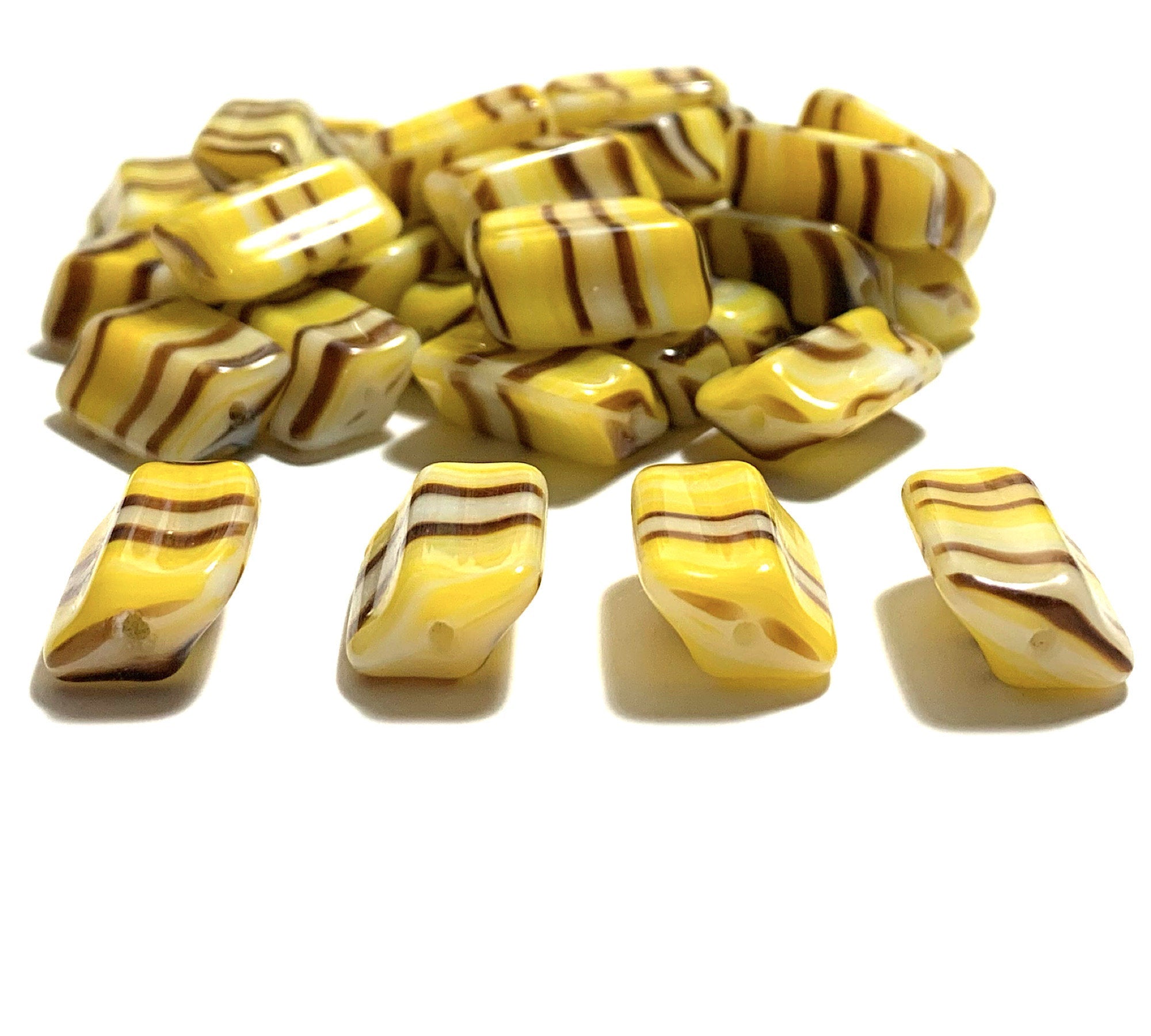 Six Czech glass rectangle beads - 16 x 12mm yellow, brown, and white striped - 4-sided diamond shaped large, chunky rectangle beads C0005