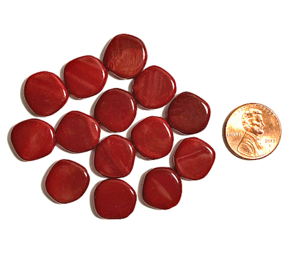Ten 15mm Czech glass asymmetrical coin or disc beads - opaque blood red beads - C0067