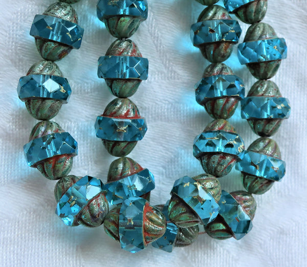 Five Czech glass turbine beads, 11 x 10mm transparent Aqua Blue beads with a picasso finish, saturn beads C0901 - Glorious Glass Beads