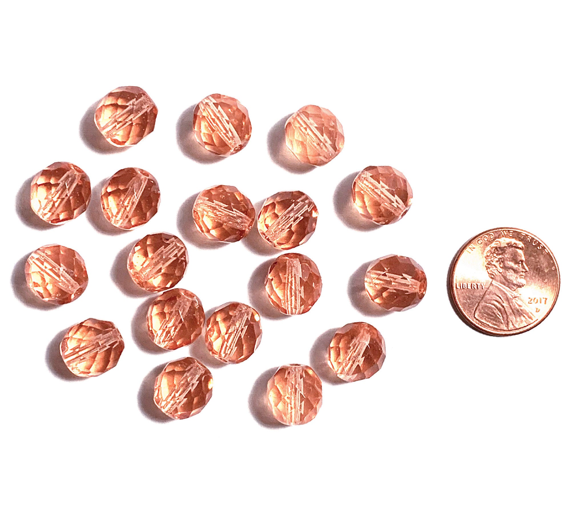 Twenty Czech glass fire polished faceted round beads - 10mm transparent peach beads C0008