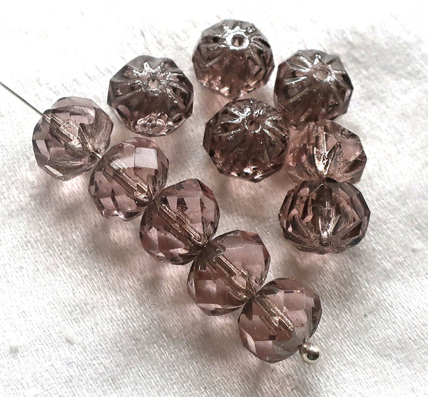 Ten Czech glass faceted cruller beads, 7 x 10mm light transparent amethyst, purple / pink crystal rondelles, sale price 32101