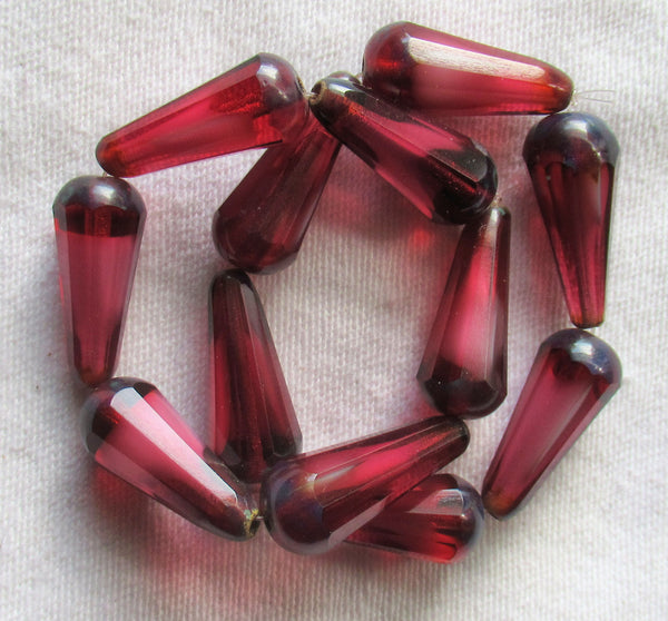 Six Czech glass long faceted teardrop beads - transparent fuchsia pink w/ picasso finish on the ends - 9 x 20mm elongated tear drops 16306