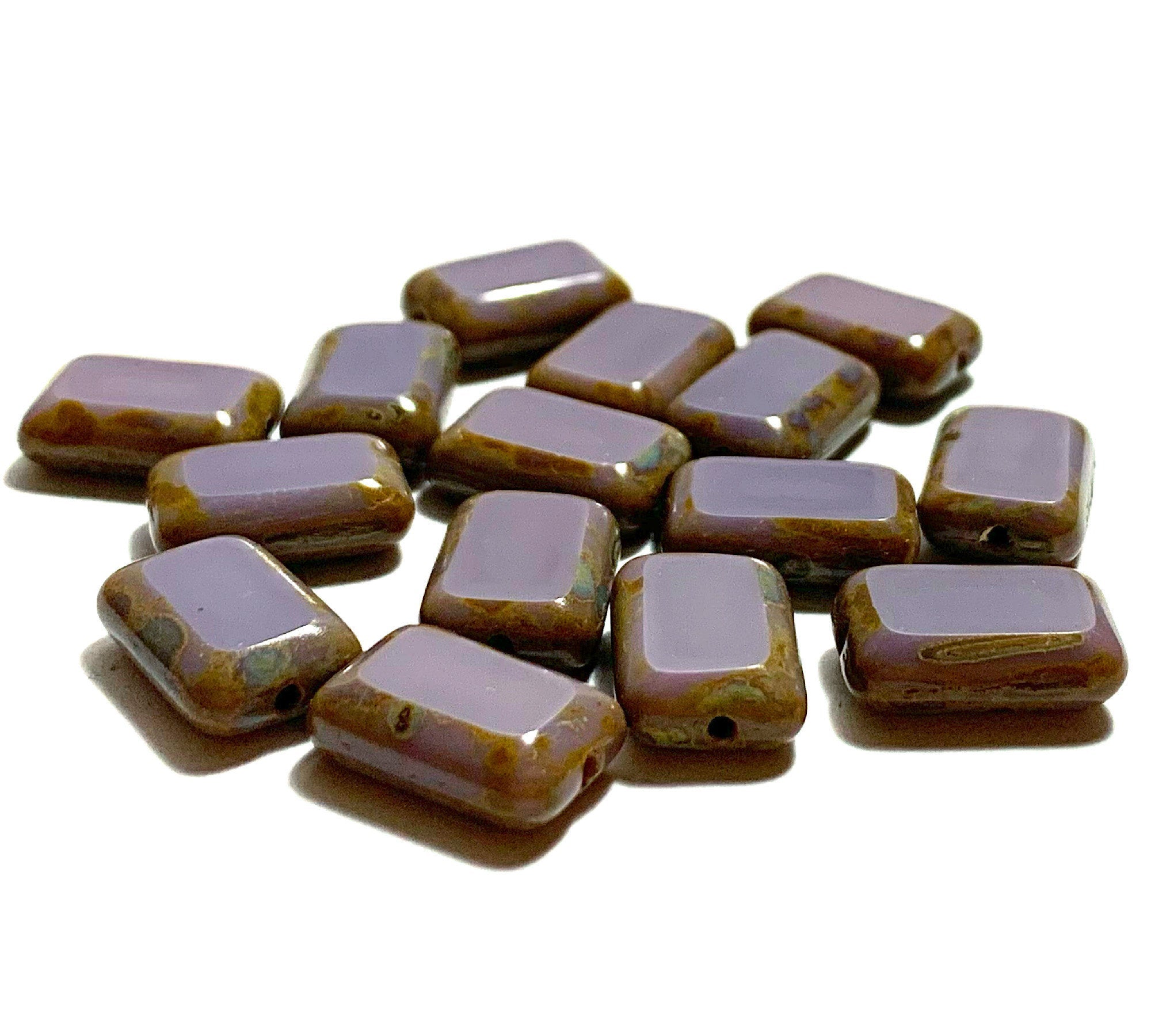 Ten Czech glass rectangle beads - 8 x 12mm opaque purple w/ a Picasso finish along the edges - table cut beads - C0078