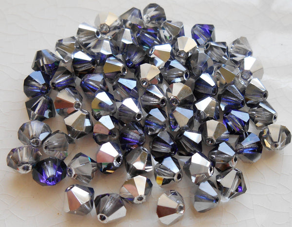 Lot of 24 6mm Crystal Heliotrope AB Czech Preciosa Crystal bicone beads, faceted silver, blue violet bicones C7801