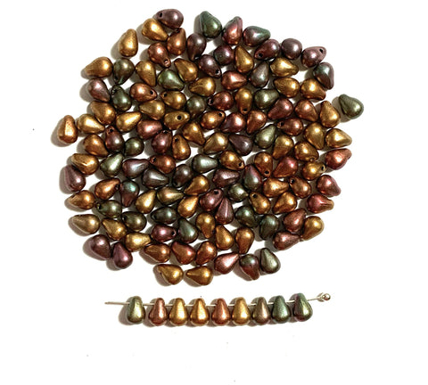 Fifty Czech glass teardrop beads - 6 x 4mm matte metallic bronze iris drop or pear beads - C0043