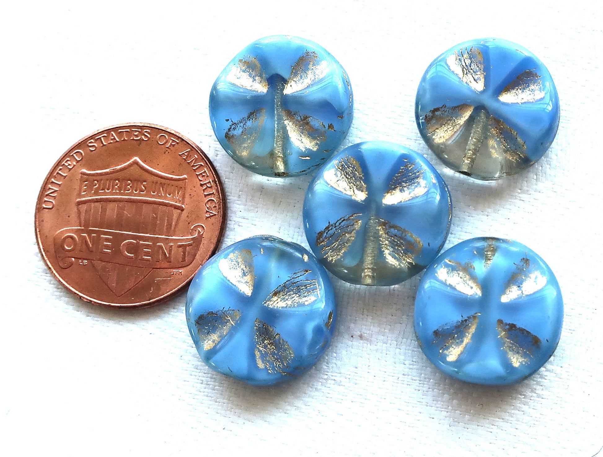 Five Czech glass coin beads, 14mm opaque blue & clear glass with gold accents, table-cut, carved, disc beads, Celtic, Iron cross C5701 - Glorious Glass Beads