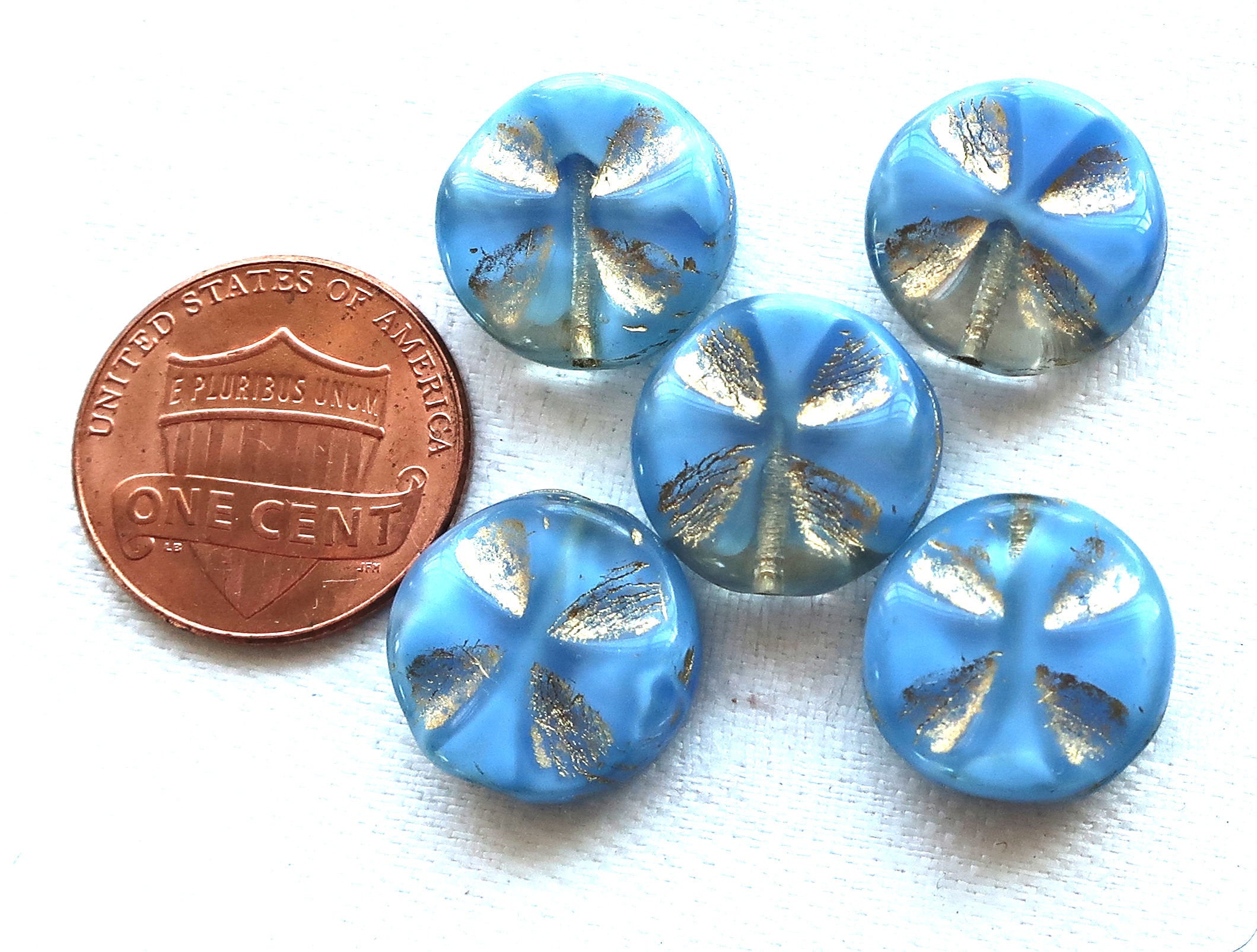 Five Czech glass coin beads, 14mm opaque blue & clear glass with gold accents, table-cut, carved, disc beads, Celtic, Iron cross C5701 - Glorious Glass Beads